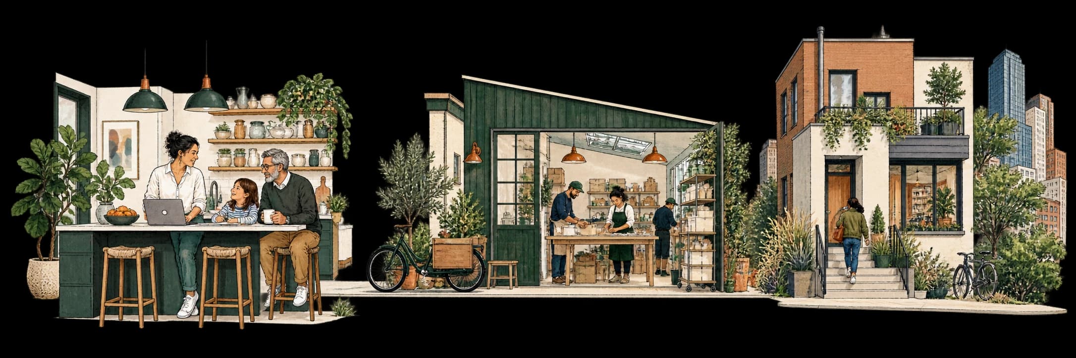 A family sharing a kitchen counter, people at work in their business, and a neighbor returning to a city home.