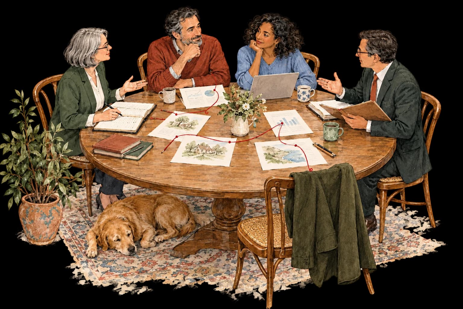 A family and professionals sharing a table, with one chair still open.