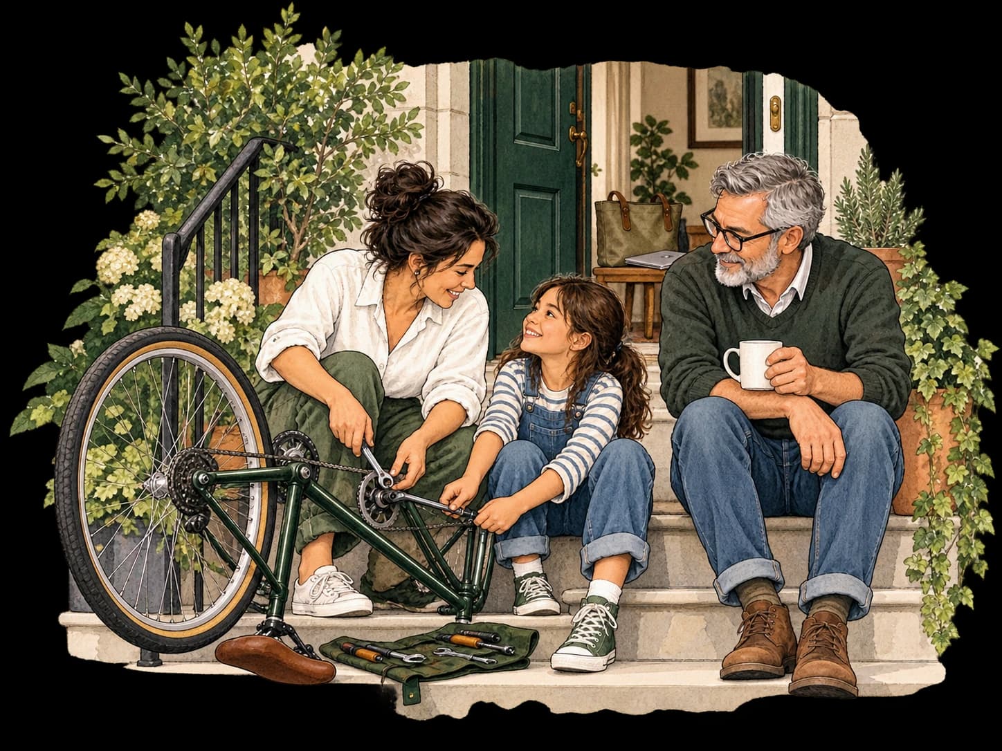 Three generations spending an afternoon together on their front steps, fixing a bicycle.