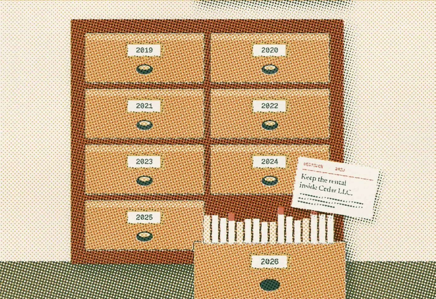 Risograph illustration of a card catalog with one drawer per year from 2019 to 2026; the 2026 drawer is open and a card reading Decision 2023, keep the rental inside Cedar LLC, is being pulled out