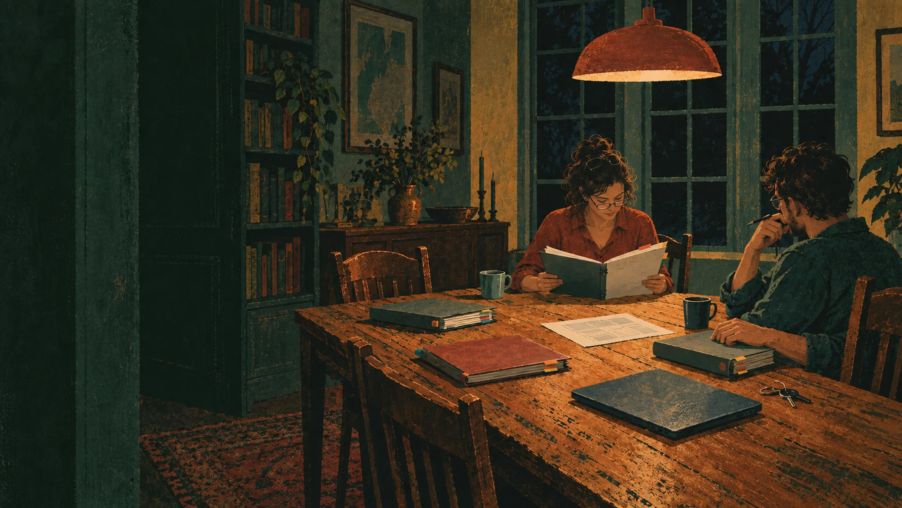 A household bringing its financial life together around the kitchen table. Illustration made for X1.