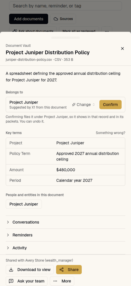 X1’s document inspector shows the Project Juniper distribution policy, its four extracted terms, and a suggested filing awaiting confirmation.